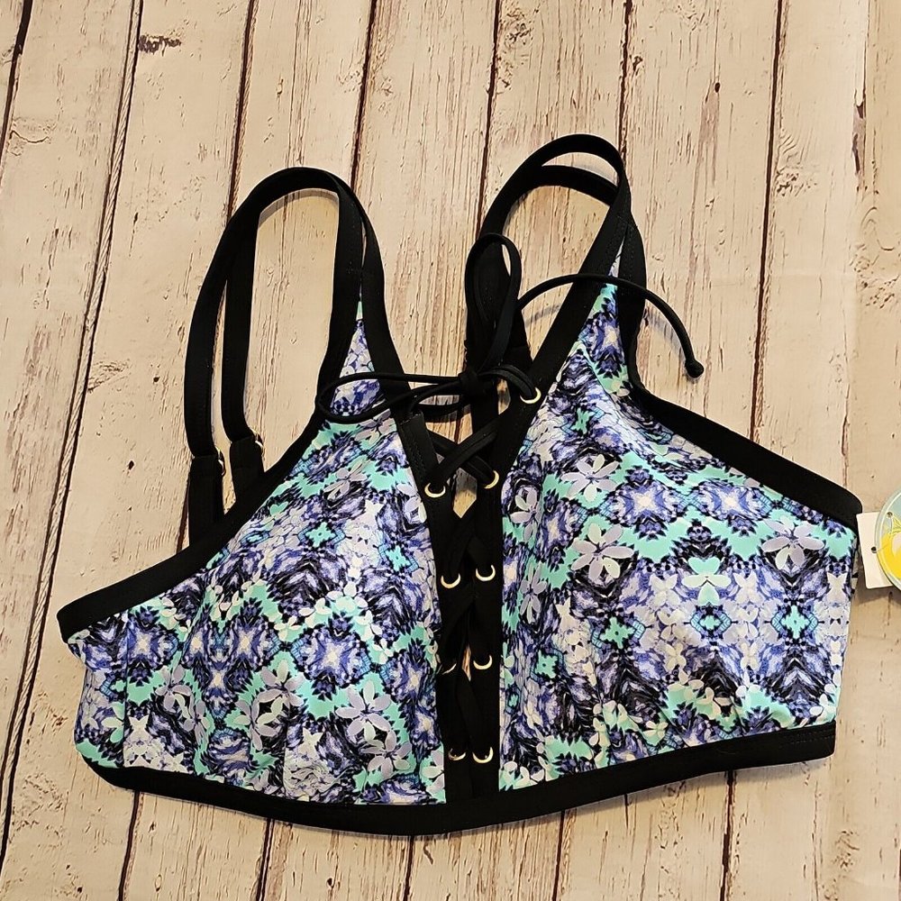 Island Soul Curve Swimsuit Bikini Top Lace Up High Neck Floral Blue 1x Plus size